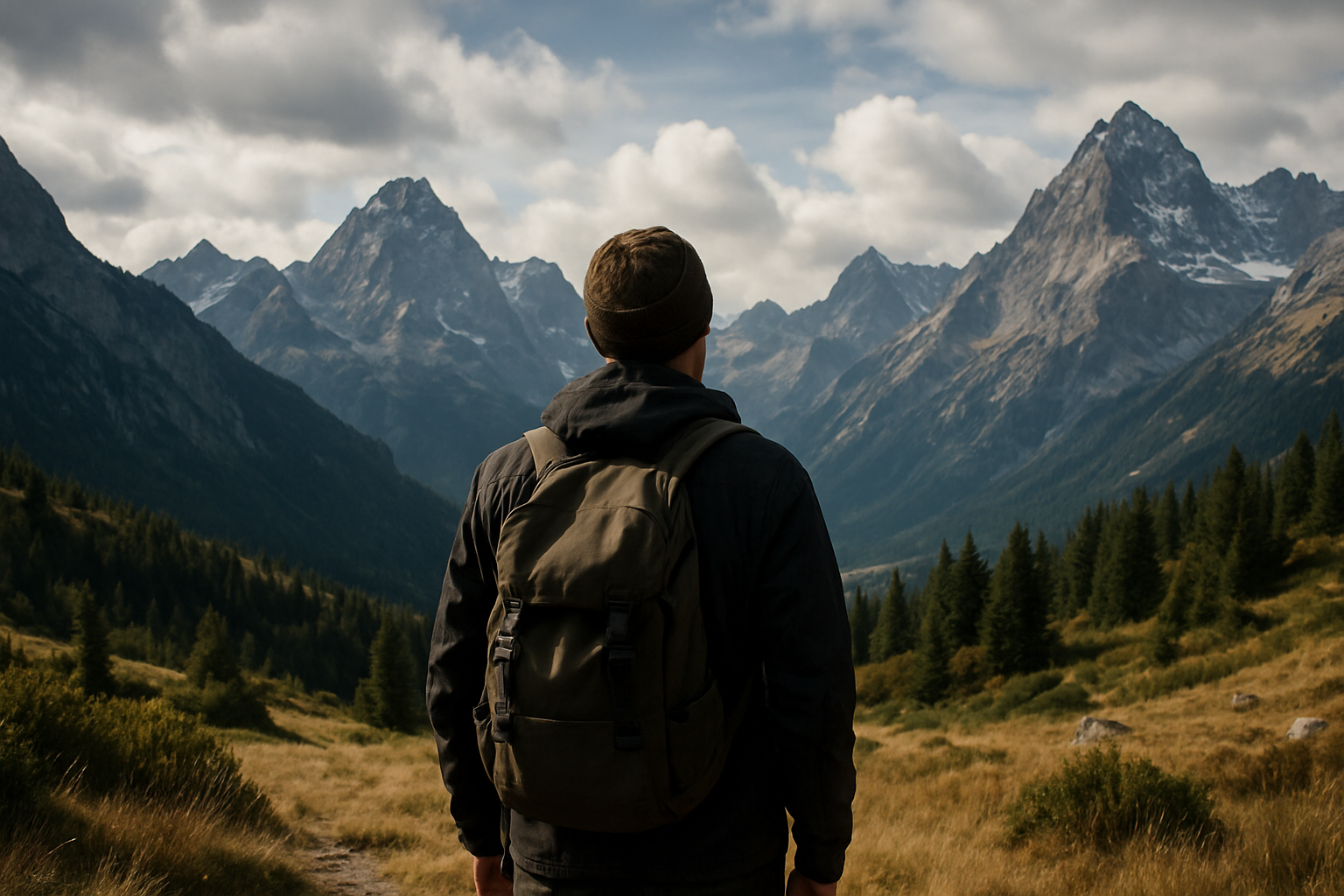 a man looking at a scenic mountain range